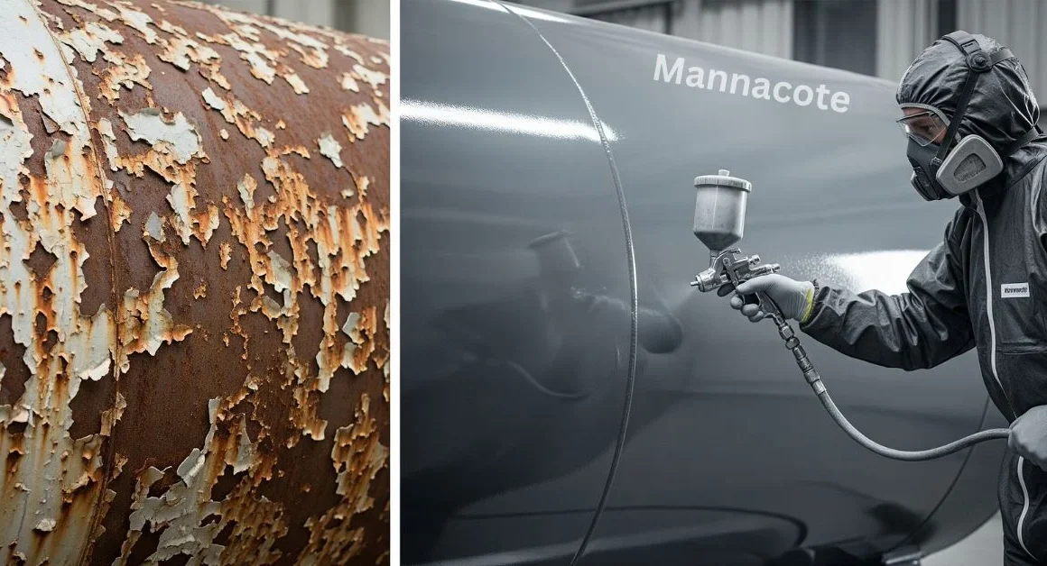 Traditional coating vs Mannacote side-by-side on industrial metal surface