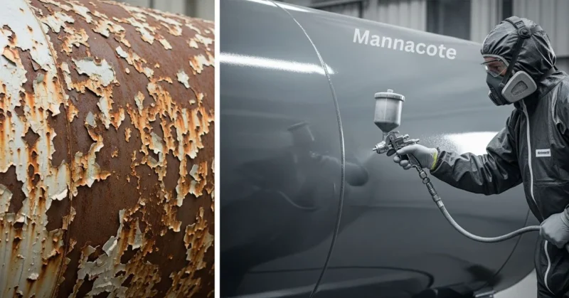 Traditional coating vs Mannacote side-by-side on industrial metal surface