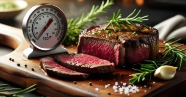 Juicy medium rare steak sliced on a wooden board with thermometer and herbs.