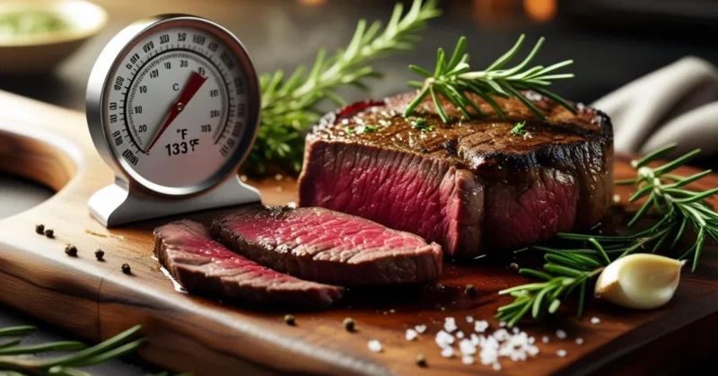 Juicy medium rare steak sliced on a wooden board with thermometer and herbs.