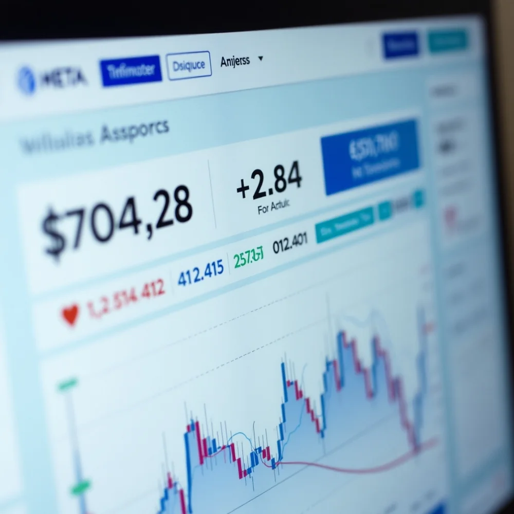 Image of Meta Platforms stock live performance chart showing $704.28 price and slight daily gain.