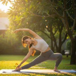 Woman practicing gentle yoga outdoors in calm, natural light