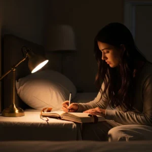Person journaling quietly at night by warm bedside lamp.