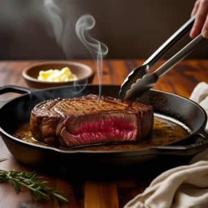 Juicy steak searing in a cast-iron skillet with tongs and oil.