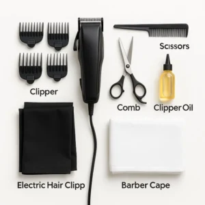  Flat lay of essential home haircut tools including clippers, scissors, mirrors, cape, and combs on a clean surface.