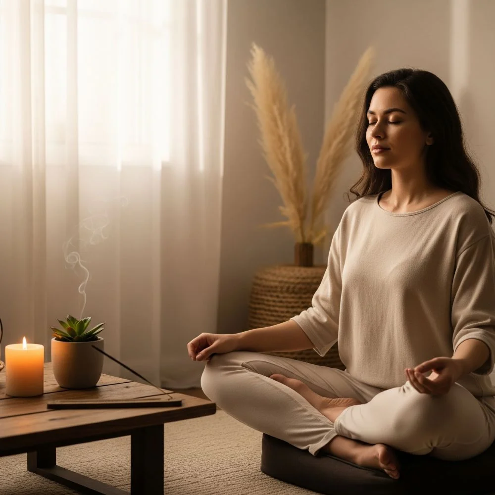 Woman meditating peacefully in a softly lit corner with candle and plant.