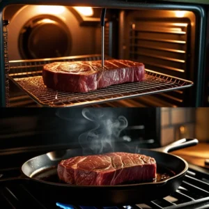 Thick steak shown in oven and pan during reverse sear cooking process.
