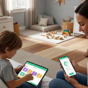 Child using educational app with parent guiding screen time and organized tech space.