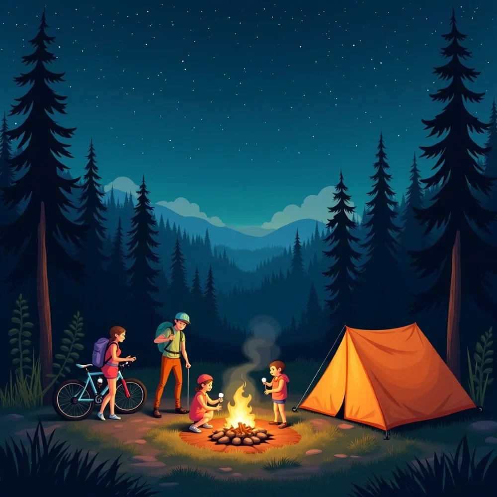 Image of Campers hiking, biking, stargazing, and cooking around a fire at Ser camping site.