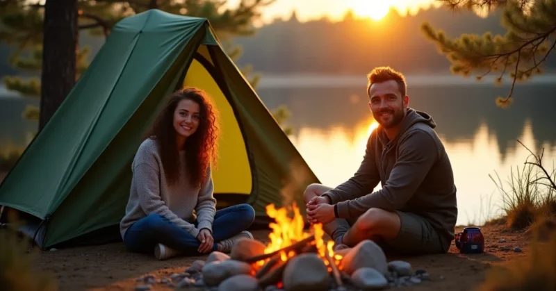 Image of Peaceful Ser camping location with tent, lake, pine trees, and a glowing campfire at sunrise.