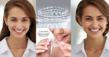 Smiling woman with straight teeth wearing ceramic braces, with close-up shots of clear aligners and ceramic orthodontic brackets.