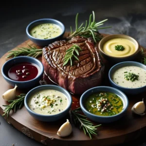  Cooked steak served with five realistic sauce options and simple sides.
