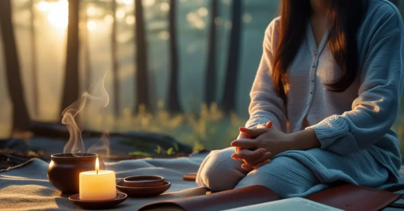 Woman sitting peacefully in nature with candle and journal, practicing mindful reflection.