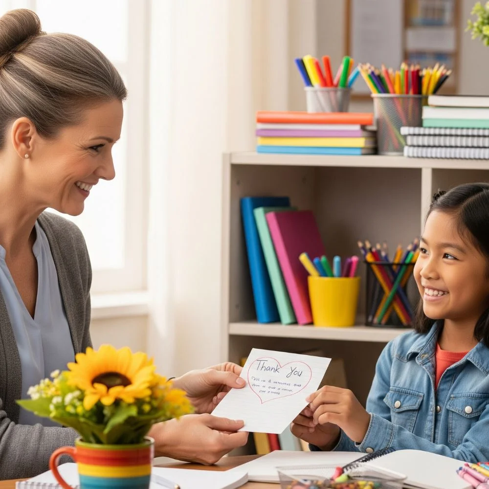 Student giving thank-you note and gifts to a smiling teacher in a warm classroom.