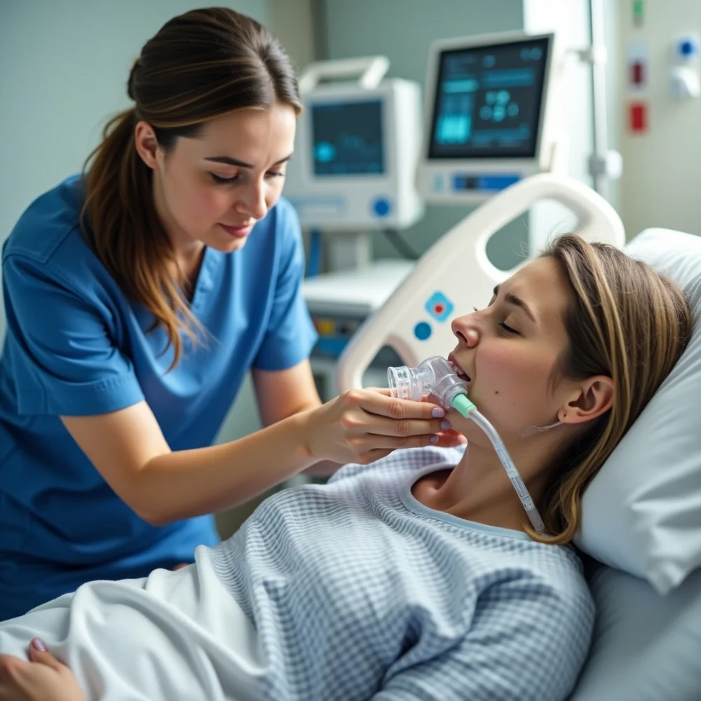 Image of Doctor adjusting trach collar for patient in ICU during recovery.