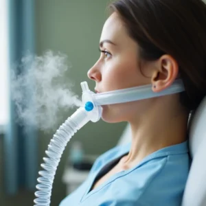 Image of Patient using trach collar with humidified oxygen for breathing support.