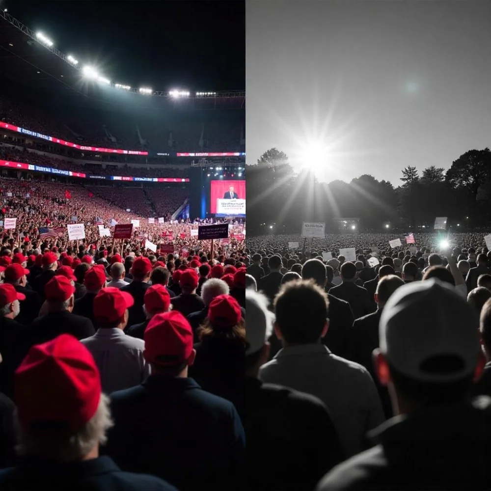 Image of Split image of Trump rally crowd sizes from 2016 to 2024 showing large stadium turnout and smaller post-presidency rally.