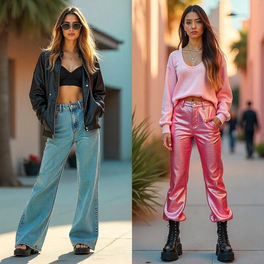 Image of Comparison of early 2000s low-rise jeans and modern Y2K style hot pants.