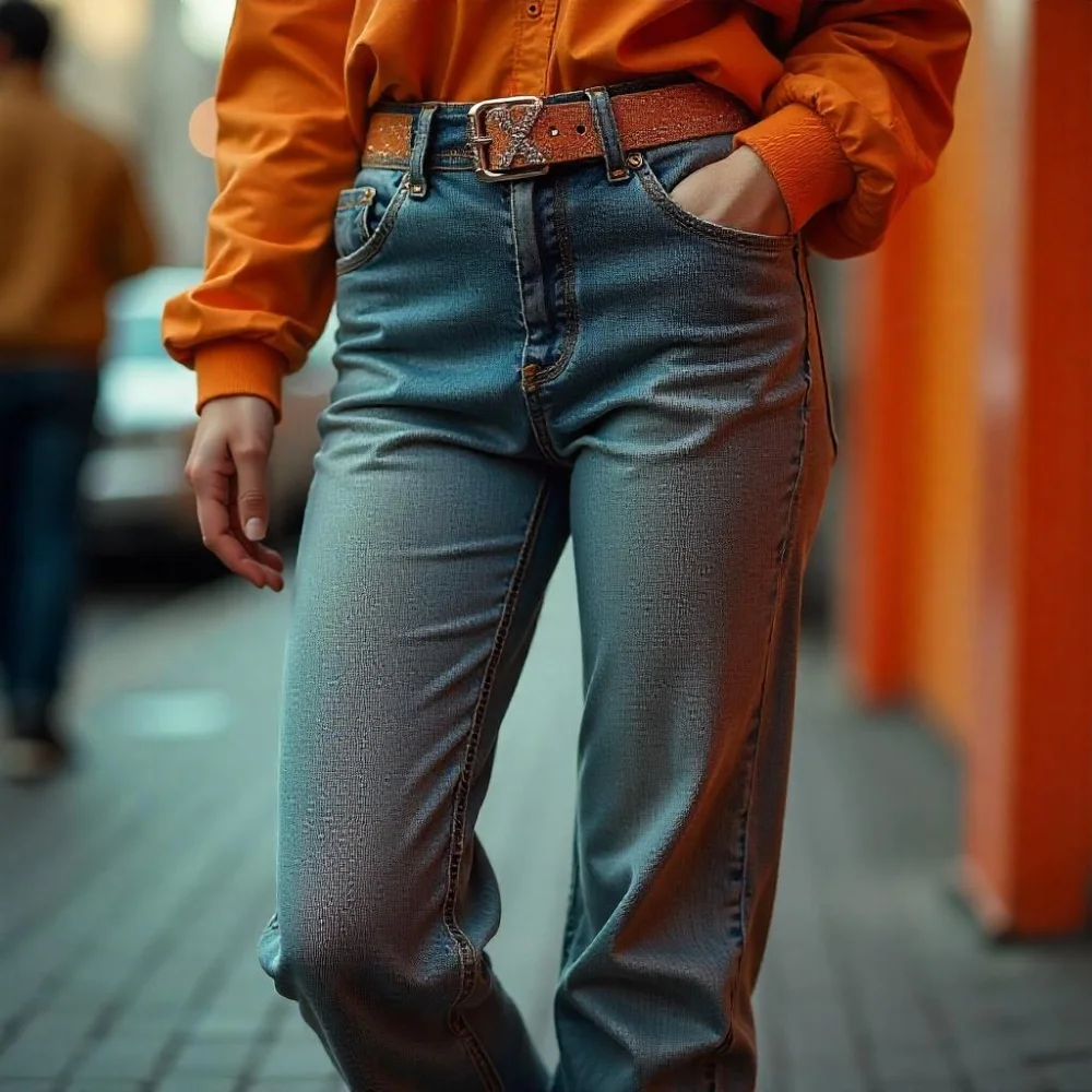 Image of Lower body close-up of Y2K style hot pants with bold fabric and retro shoes.