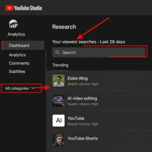 YouTube Studio dashboard showing viewer search trends and category filters.