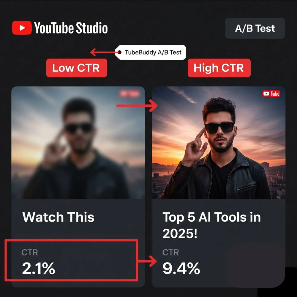 YouTube A/B test comparing poor and optimized thumbnails with CTR stats.