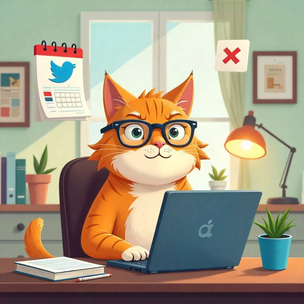 Cartoon cat at a laptop with social media icons, clock, and trending headlines around it.
