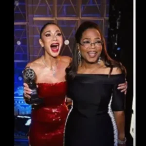 Cynthia Erivo holding a Tony Award beside Oprah Winfrey at the 2025 Tony Awards.