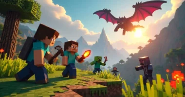 Minecraft characters including Steve, Alex, Creeper, Ender Dragon, and Villagers in a vibrant pixel world.