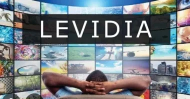 Person watching a wall of streaming screens with "Levidia" displayed above.