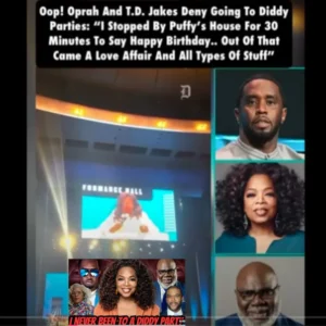 Collage featuring Oprah Winfrey, T.D. Jakes, and Diddy, with a headline denying their attendance at Diddy parties.