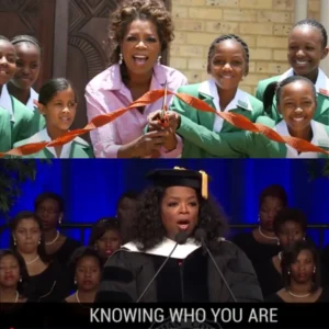  Oprah Winfrey cutting ribbon with students and delivering a graduation speech.