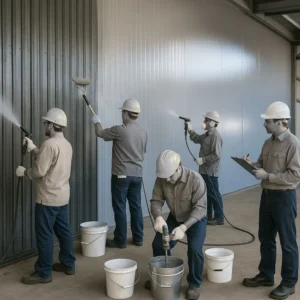 Workers applying Mannacote coating step by step on a metal surface.