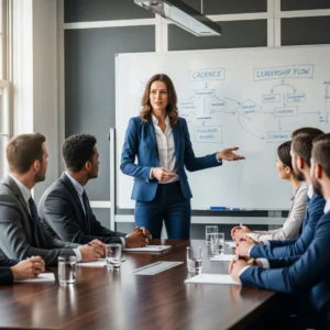 Entrepreneur leading a focused team with strategic business tools in a modern office.