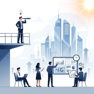Illustration of a visionary entrepreneur overlooking a future city with a focused team below.