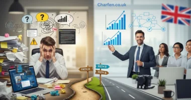 Split image showing chaotic coaching vs Charfen.co.uk's structured UK business growth system.