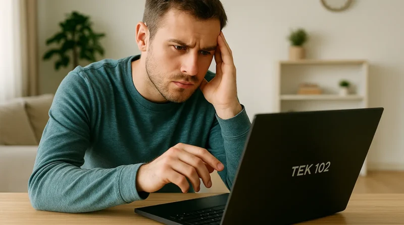 A frustrated man using a Tek 102 laptop in a bright living room.