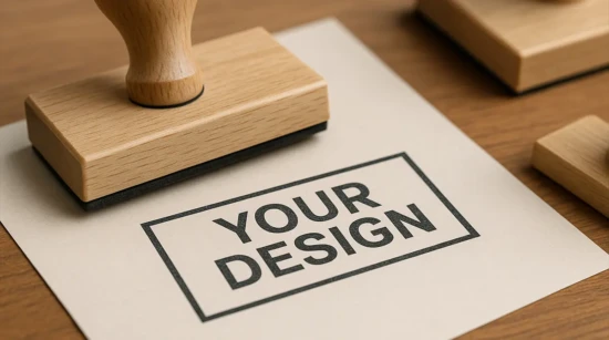 A wooden custom rubber stamp pressed on paper with a bold impression.