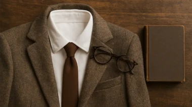Dark academia fashion outfit with tweed blazer, tie, glasses, and vintage book on wooden surface.