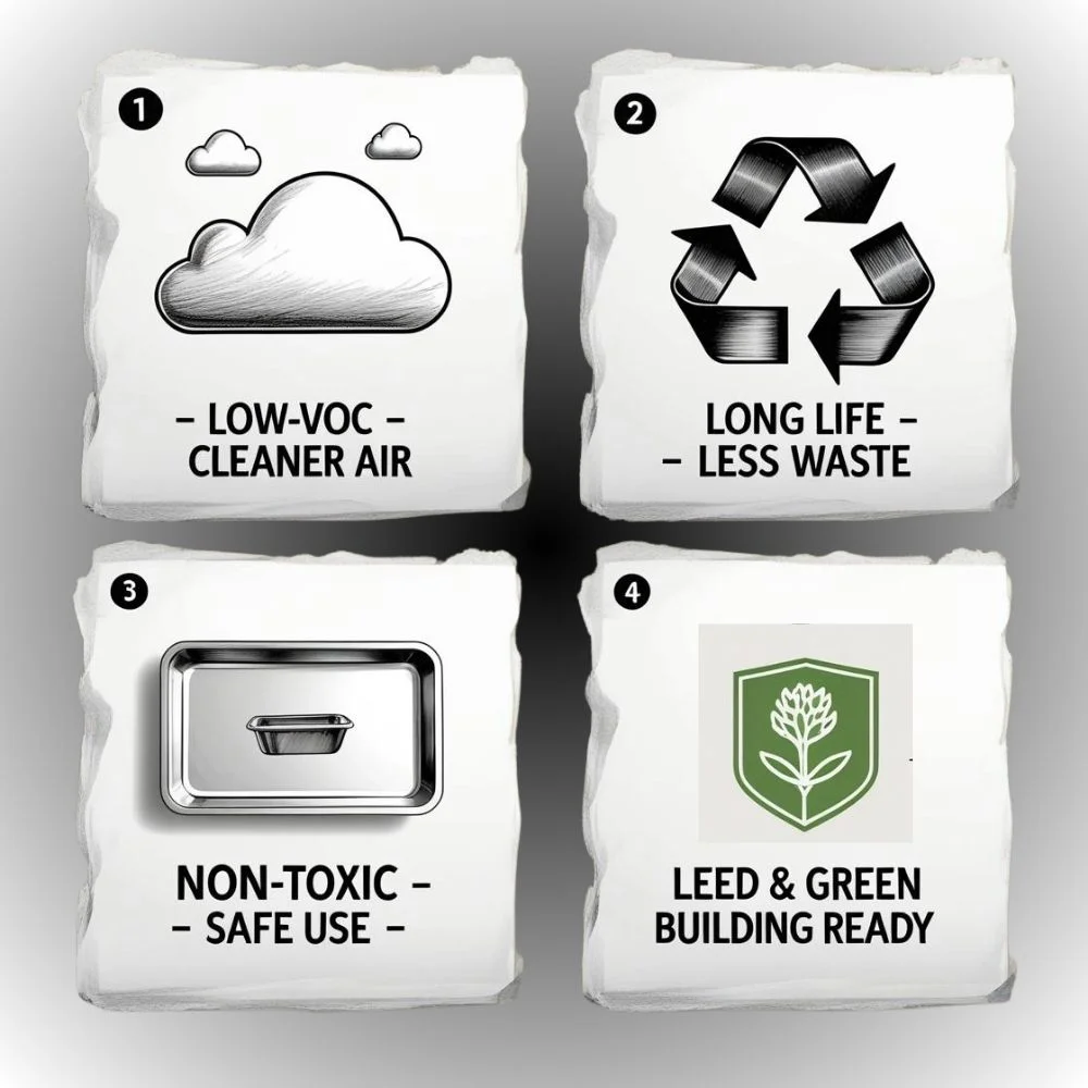 Mannacote environmental benefits: low-VOC, long life, non-toxic, and LEED ready.