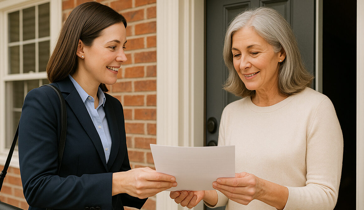 Real estate agent handing an offer document to a home seller outside a house.