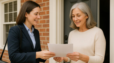 Real estate agent handing an offer document to a home seller outside a house.