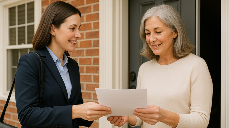 Real estate agent handing an offer document to a home seller outside a house.