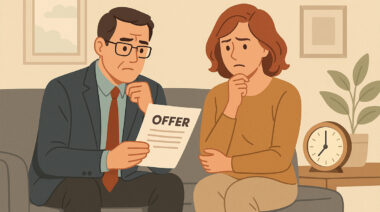 Couple reviewing an offer document with a clock nearby.
