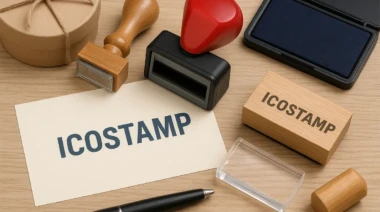 Rubber stamps and accessories on a wooden desk with ink pads and paper.