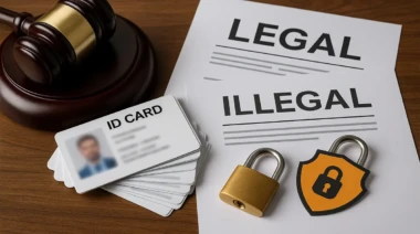 A gavel, blurred ID cards, and security symbols representing legality and risks.