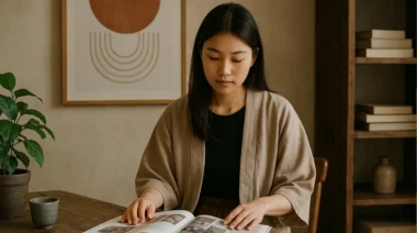 A woman reading in a minimalist interior with Nomurano-inspired design.