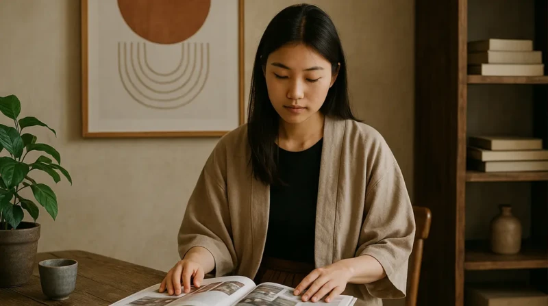 A woman reading in a minimalist interior with Nomurano-inspired design.