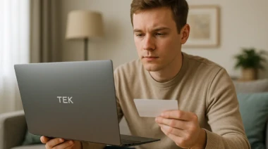A young man reviewing a Tek 102 laptop in a bright living room.