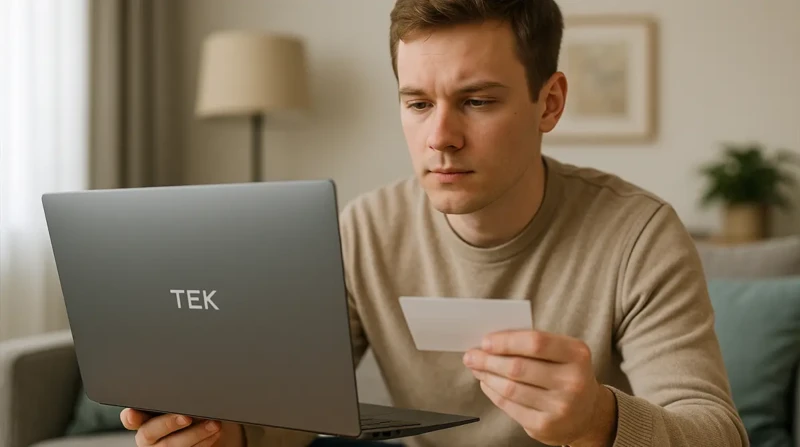 A young man reviewing a Tek 102 laptop in a bright living room.