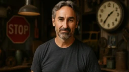 A middle-aged man standing in an antique store filled with vintage items.